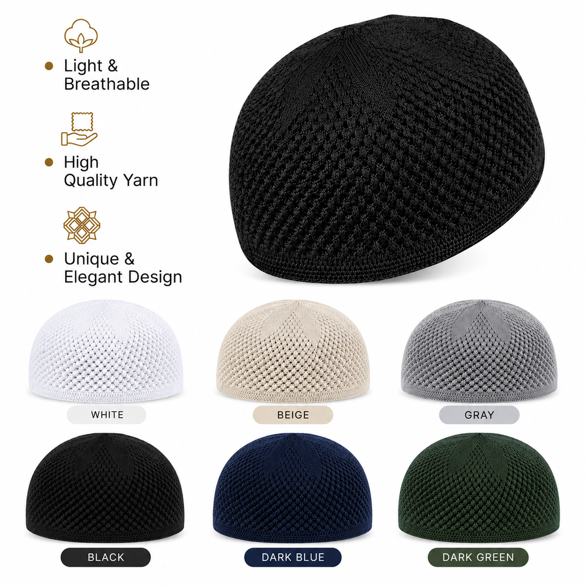 Knit kufi prayer cap available colors: white, beige, gray, black, dark blue, dark green