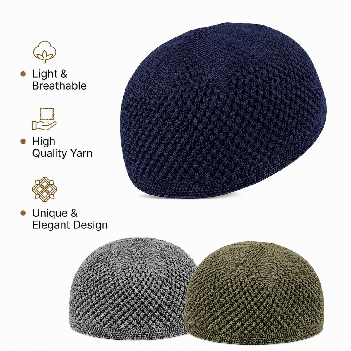 Dark blue knit kufi with features