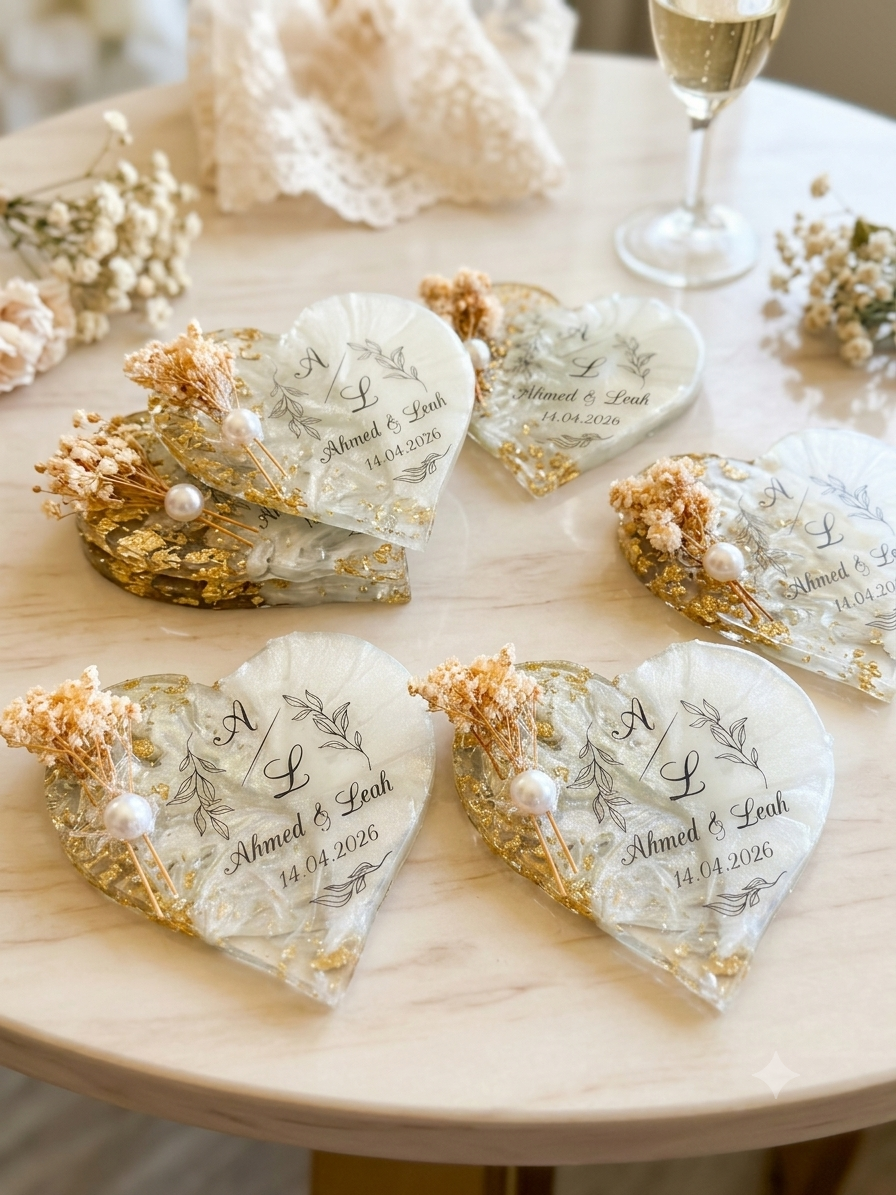 Custom Resin Gold Epoxy Magnet Wedding Favors Personalized Heart Round Floral Bridal Shower Engagement Party Guest Gifts