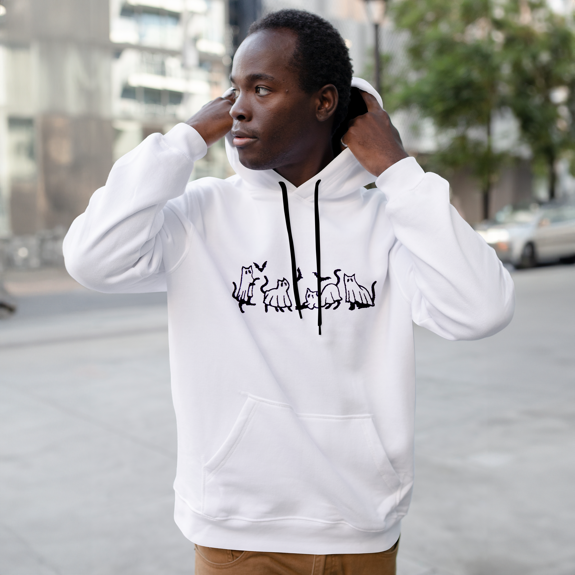 Halloween Ghost Cat Embroidered Hoodie