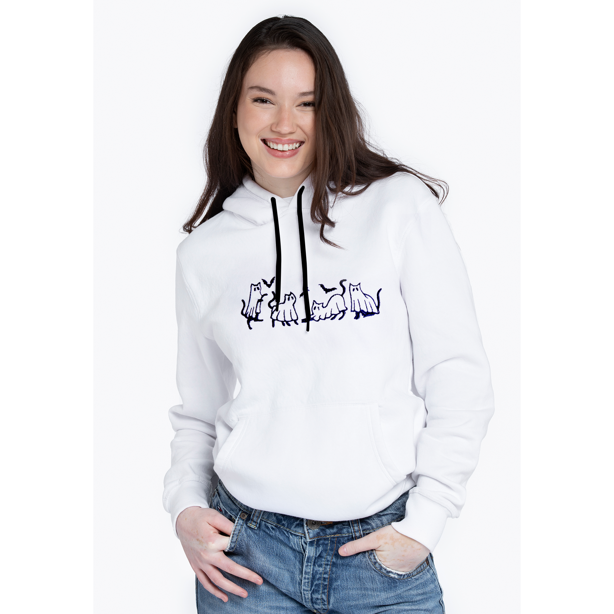 Halloween Ghost Cat Embroidered Hoodie