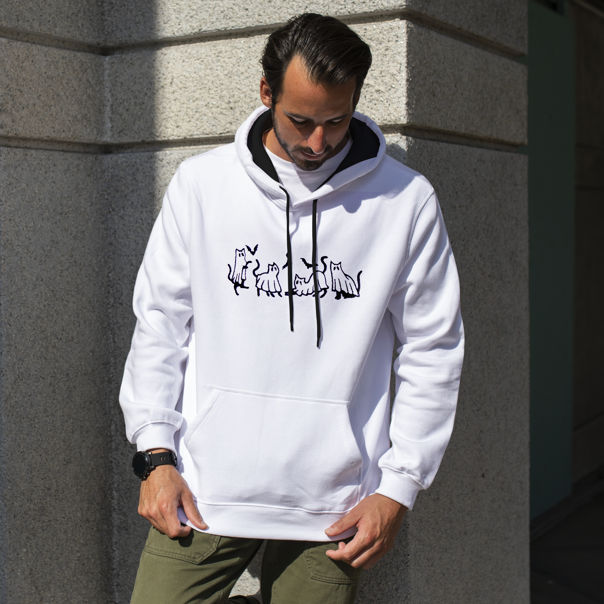 Halloween Ghost Cat Embroidered Hoodie