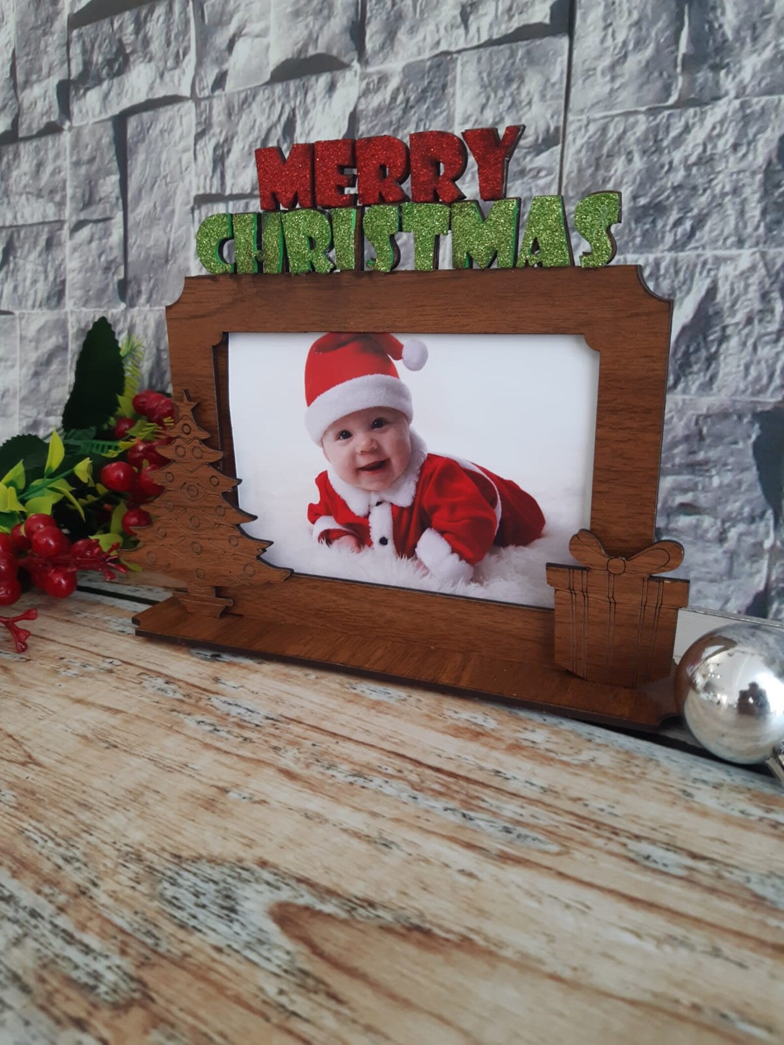 Merry Christmas Photo Frame, Wooden Picture Frame at Christmas