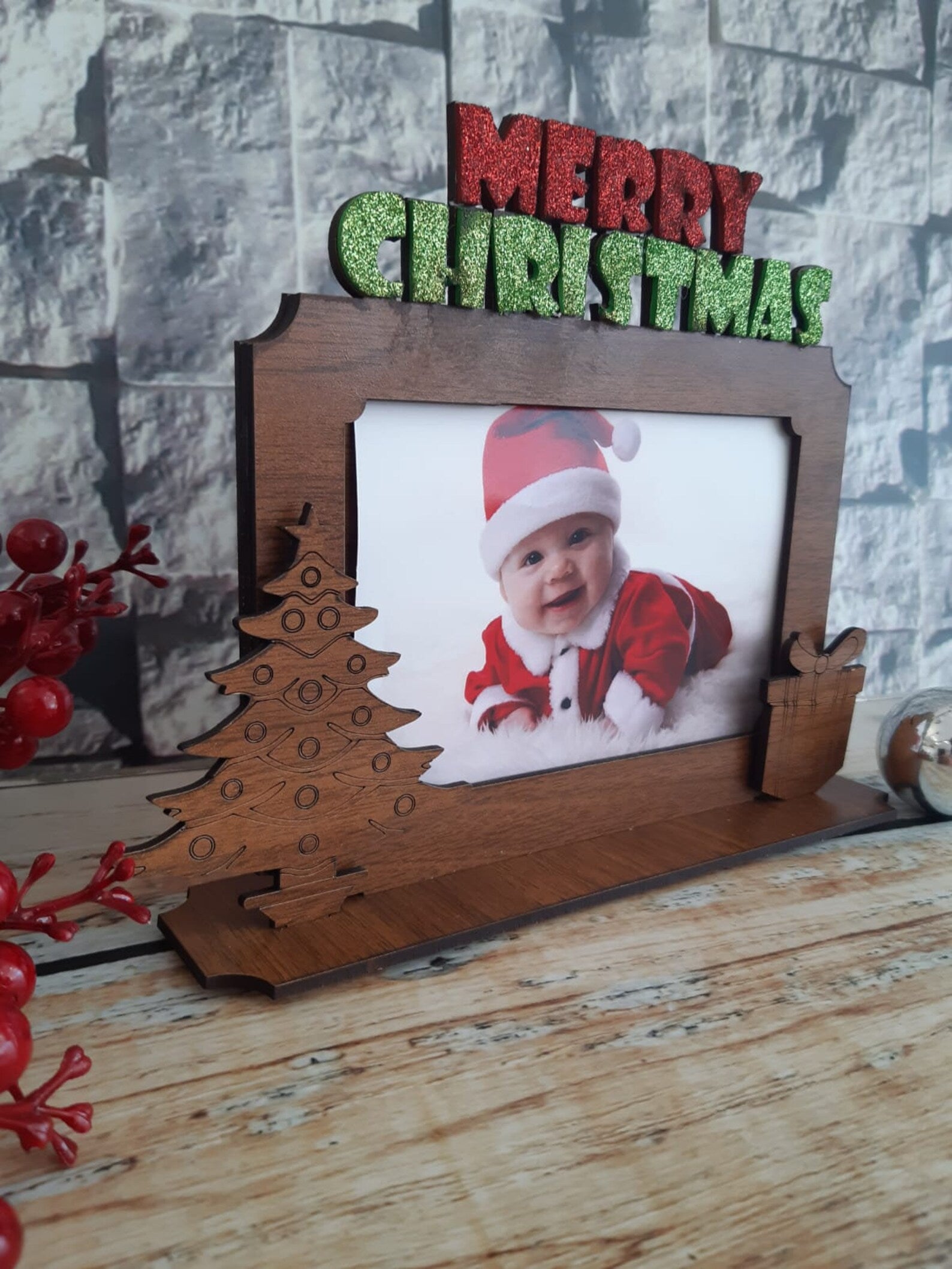 Merry Christmas Photo Frame, Wooden Picture Frame at Christmas