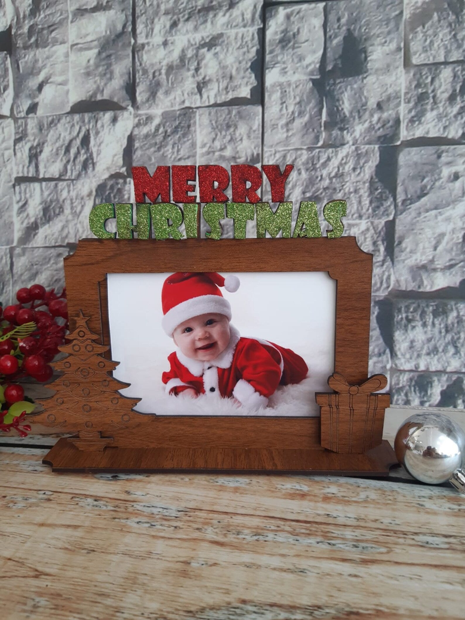 Merry Christmas Photo Frame, Wooden Picture Frame at Christmas