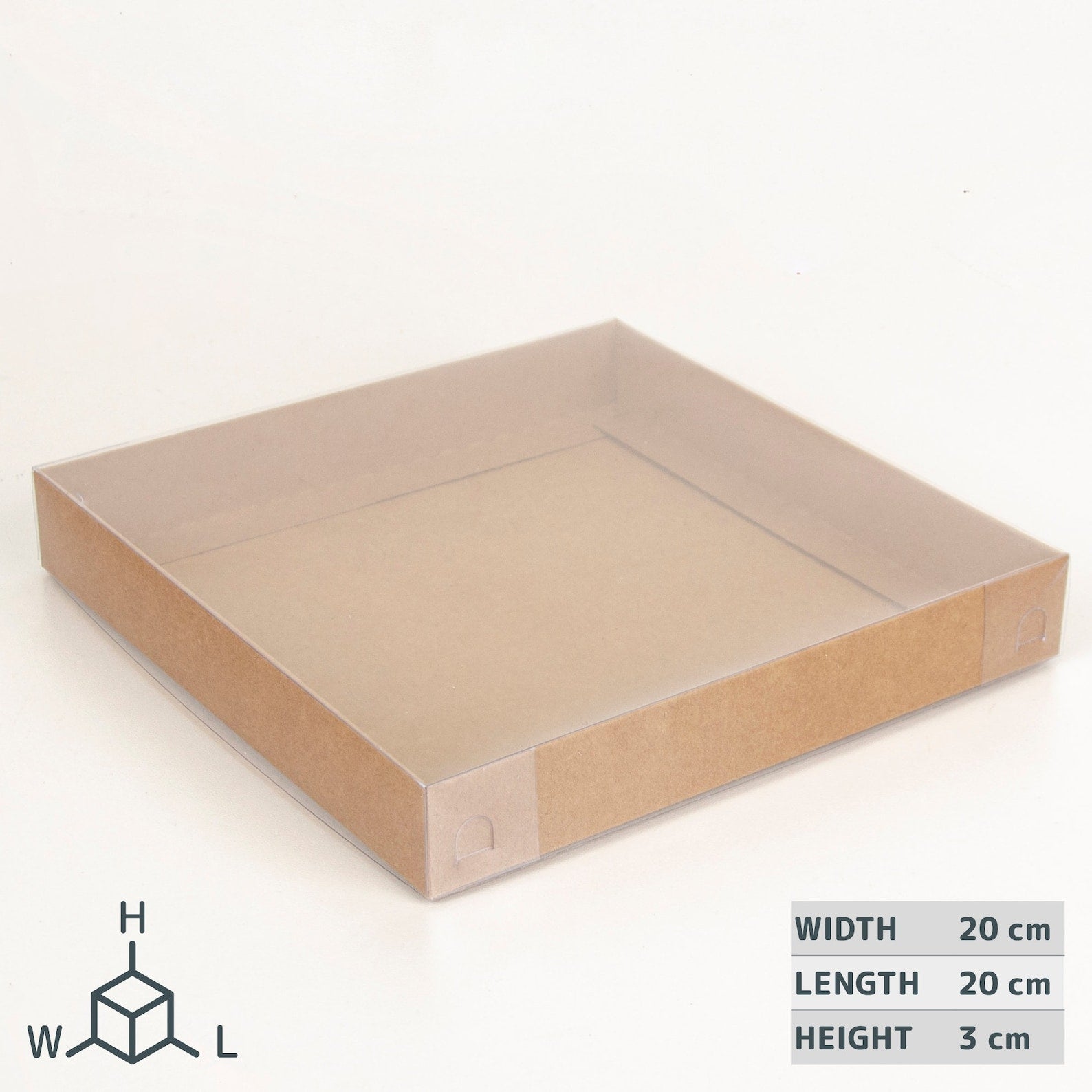 20 x 20 x 3 cm große Kartonschachtel mit transparentem Deckel