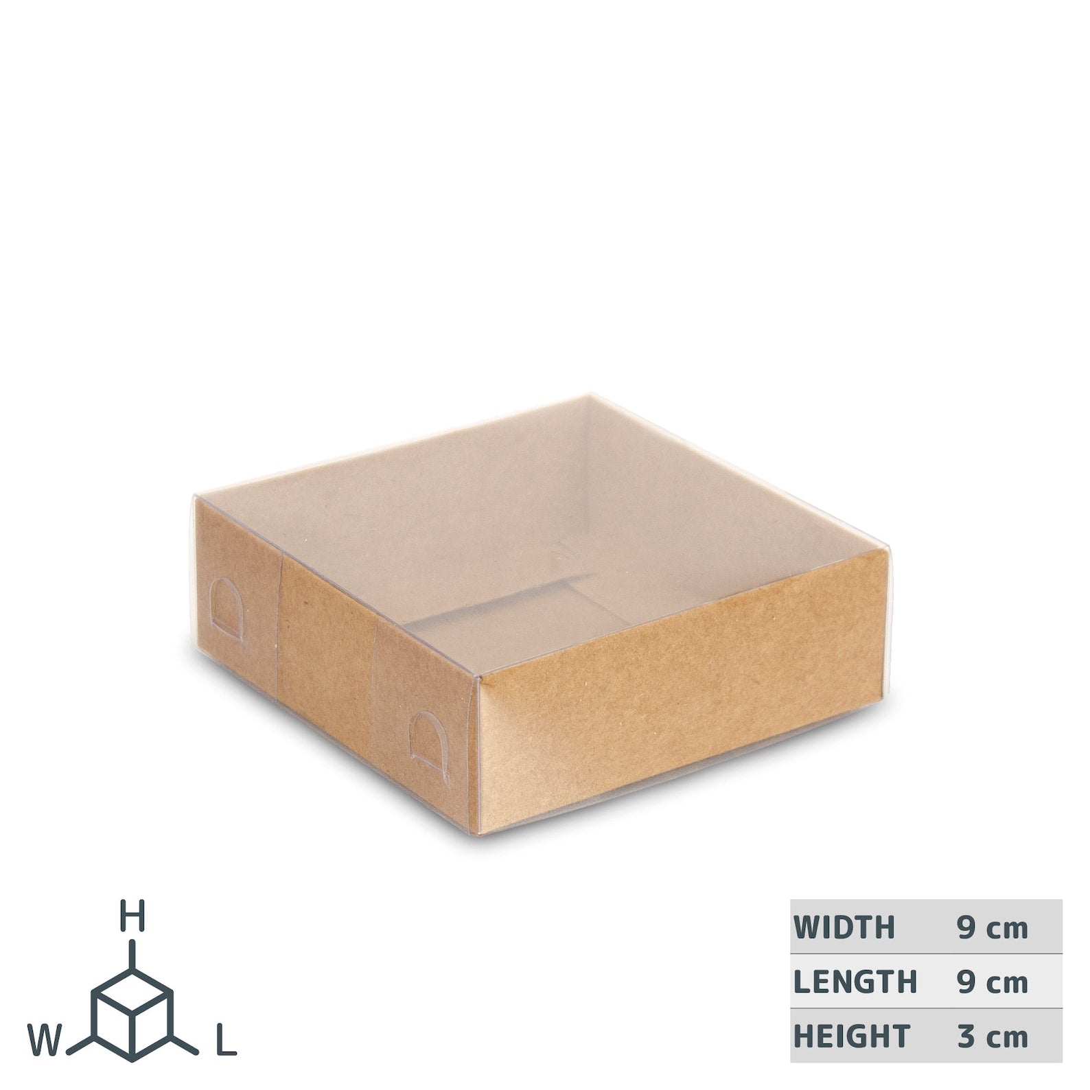 9 x 9 x 3 cm große Pappschachtel mit durchsichtigem Deckel
