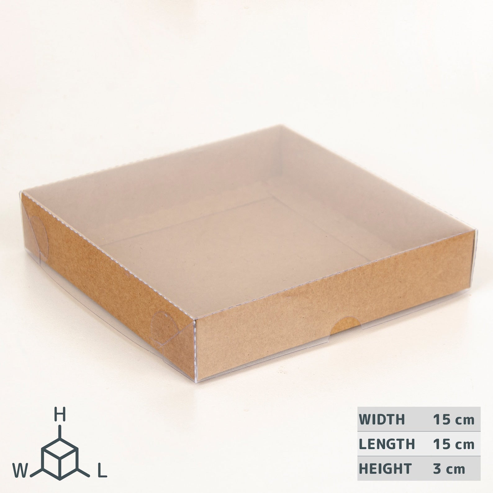 15 x 15 x 3 cm große Pappschachtel mit durchsichtigem Deckel