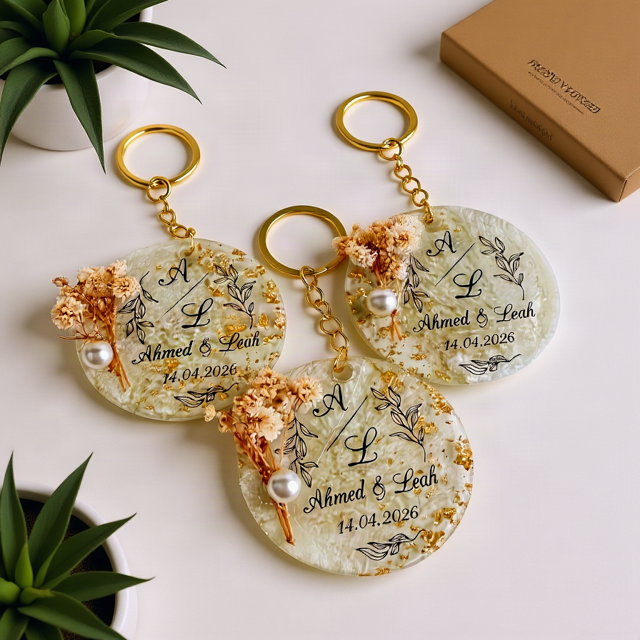 Custom Floral Resin Keychain with Gold Epoxy