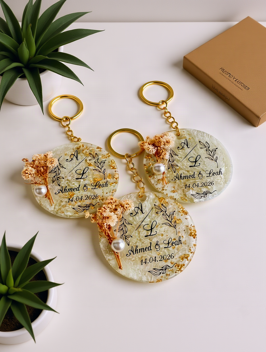 Custom Floral Resin Keychain with Gold Epoxy
