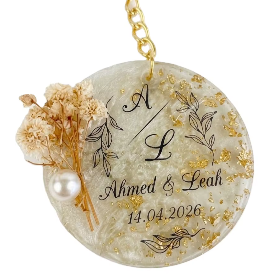 Custom Floral Resin Keychain with Gold Epoxy