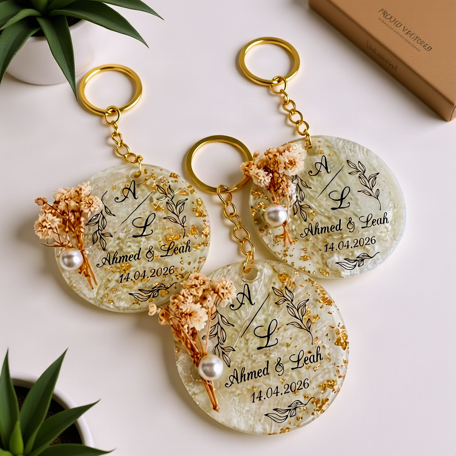 Custom Floral Resin Keychain with Gold Epoxy