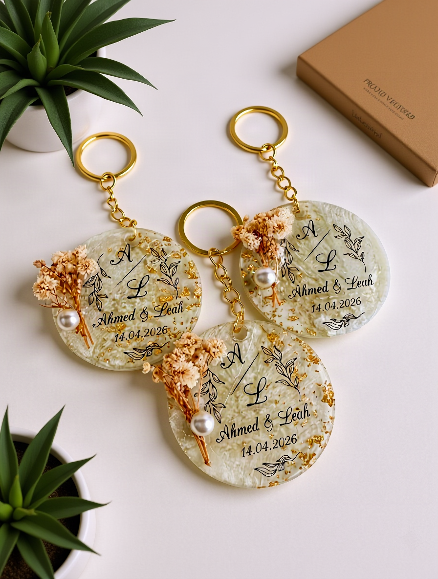 Custom Floral Resin Keychain with Gold Epoxy