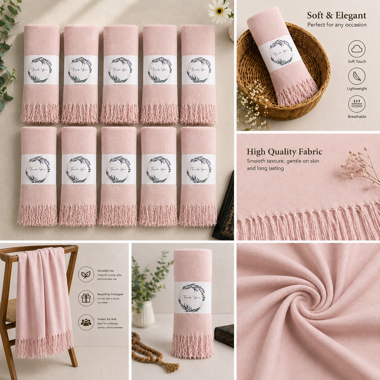 Set of 10 Pashmina Shawls and Wraps in Bulk – Soft Wedding Favors, Bridal Party & Guest Gifts with 'Thank You' Design