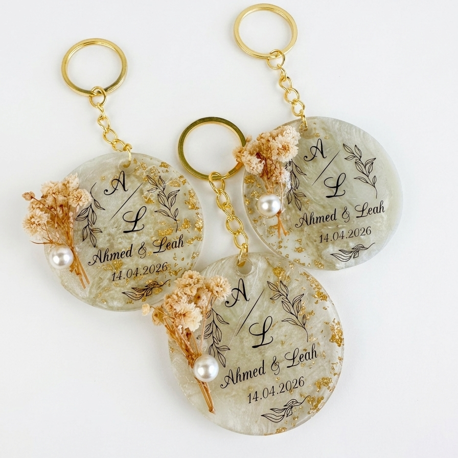 Custom Floral Resin Keychain with Gold Epoxy