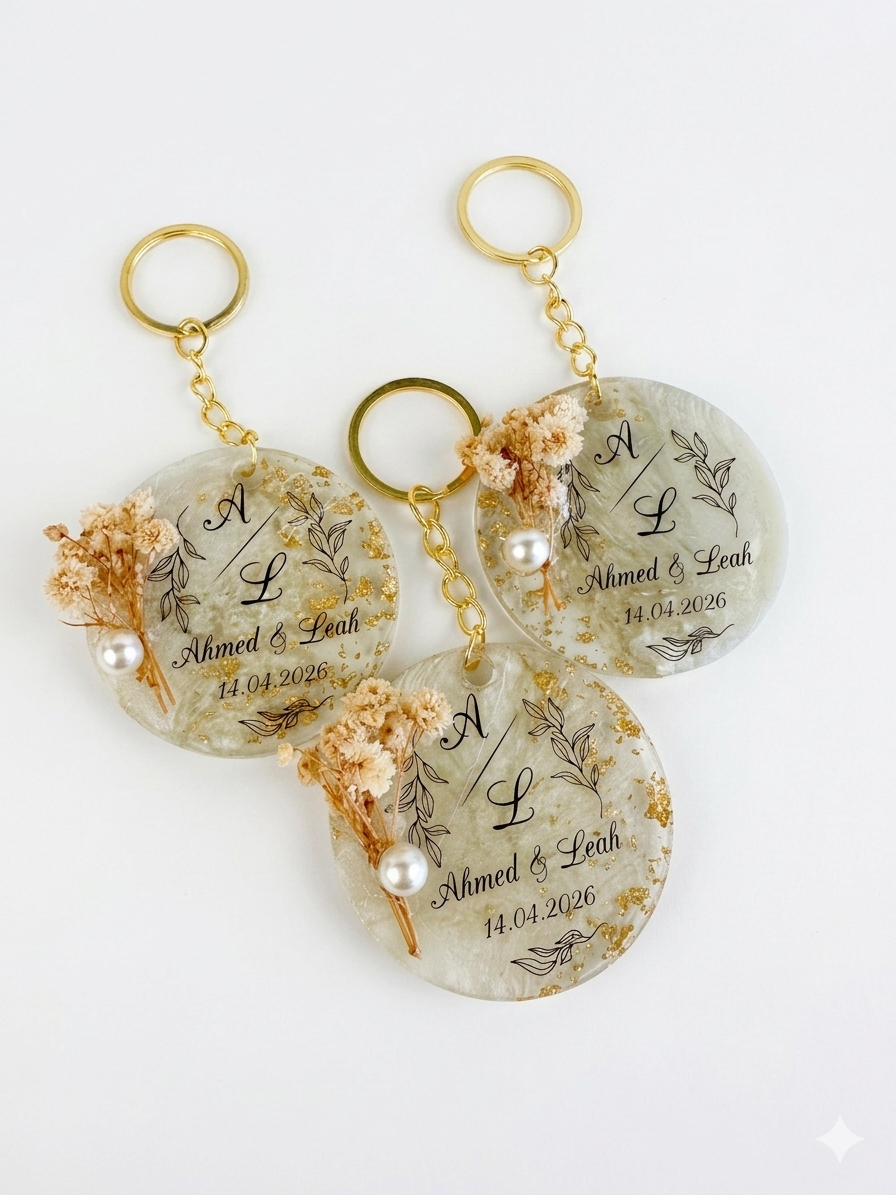 Custom Floral Resin Keychain with Gold Epoxy