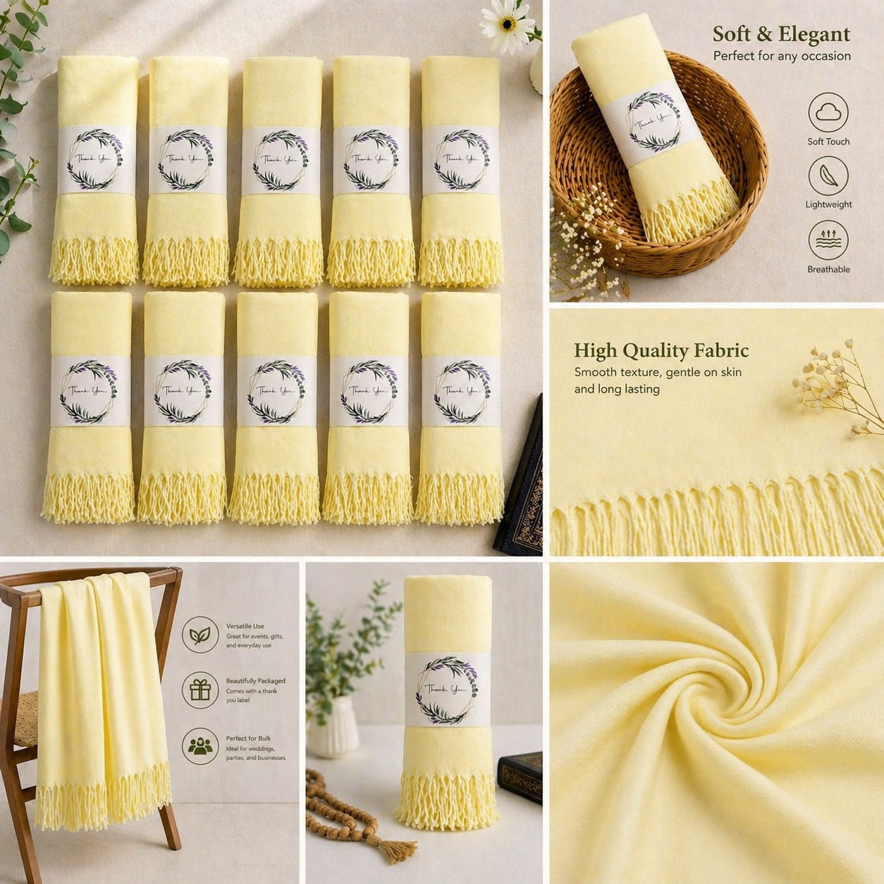 Set of 10 Pashmina Shawls and Wraps in Bulk – Soft Wedding Favors, Bridal Party & Guest Gifts with 'Thank You' Design