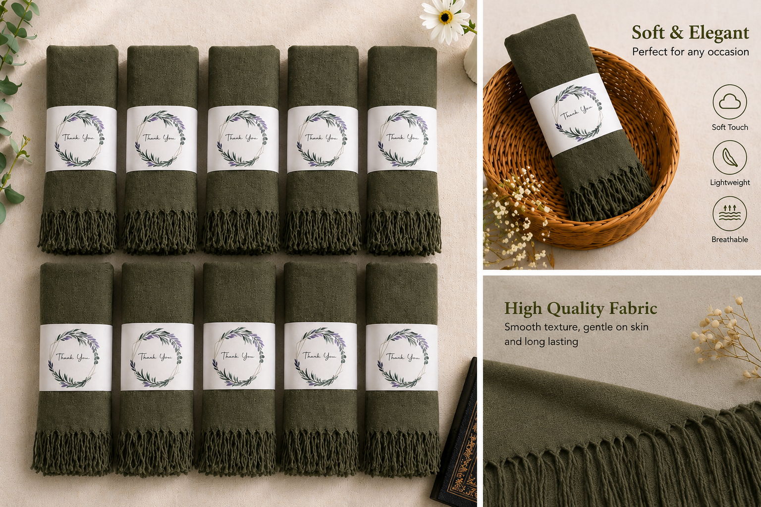 Set of 10 Pashmina Shawls and Wraps in Bulk – Soft Wedding Favors, Bridal Party & Guest Gifts with 'Thank You' Design