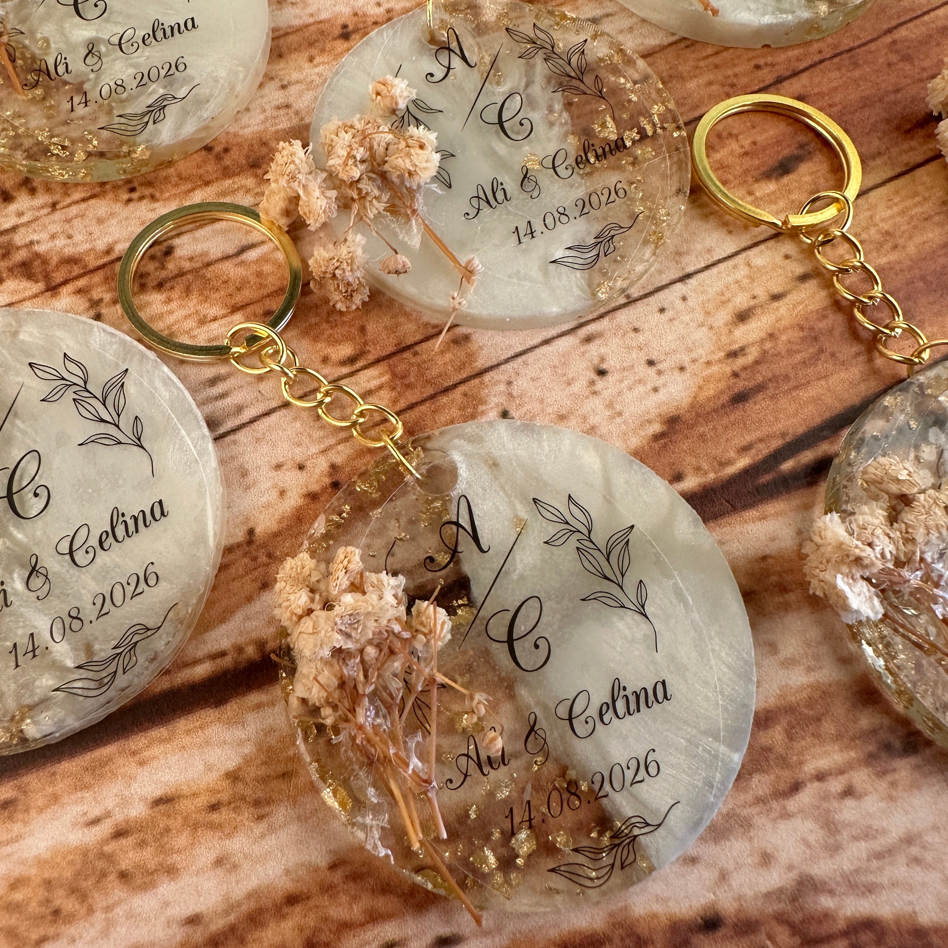 Custom Floral Resin Keychain with Gold Epoxy