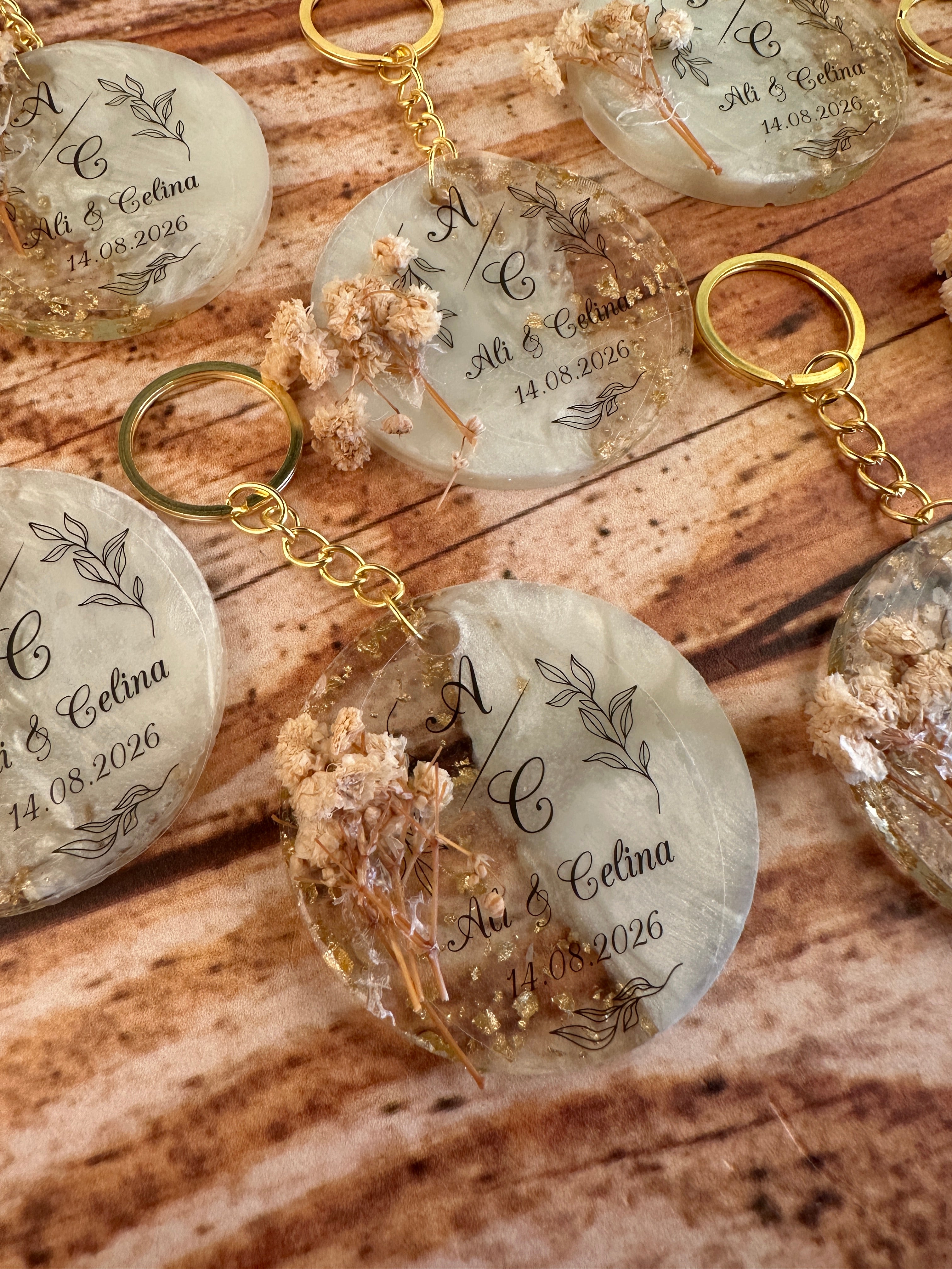 Custom Floral Resin Keychain with Gold Epoxy