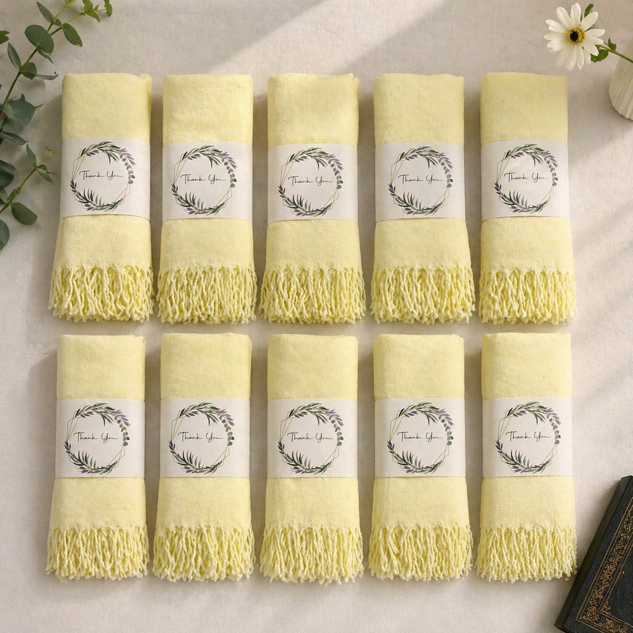 Set of 10 Pashmina Shawls and Wraps in Bulk – Soft Wedding Favors, Bridal Party & Guest Gifts with 'Thank You' Design