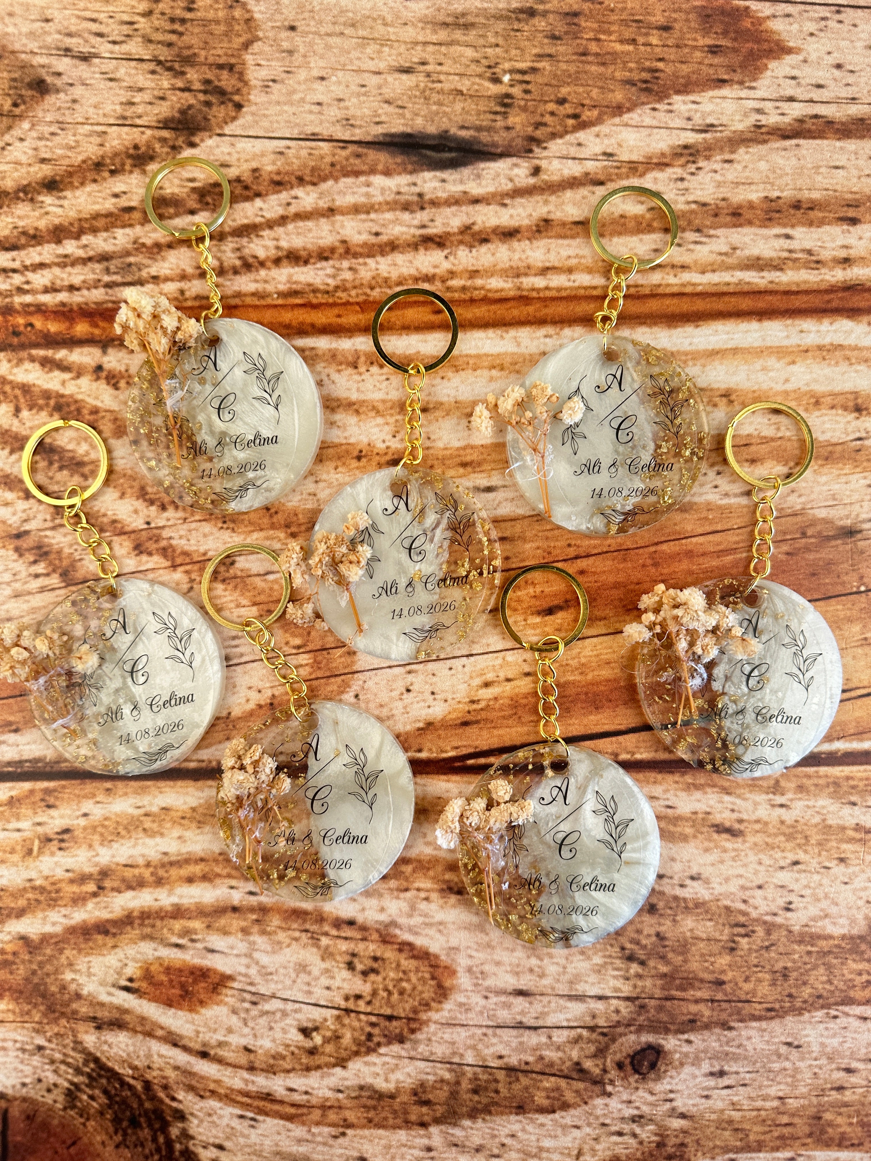 Custom Floral Resin Keychain with Gold Epoxy