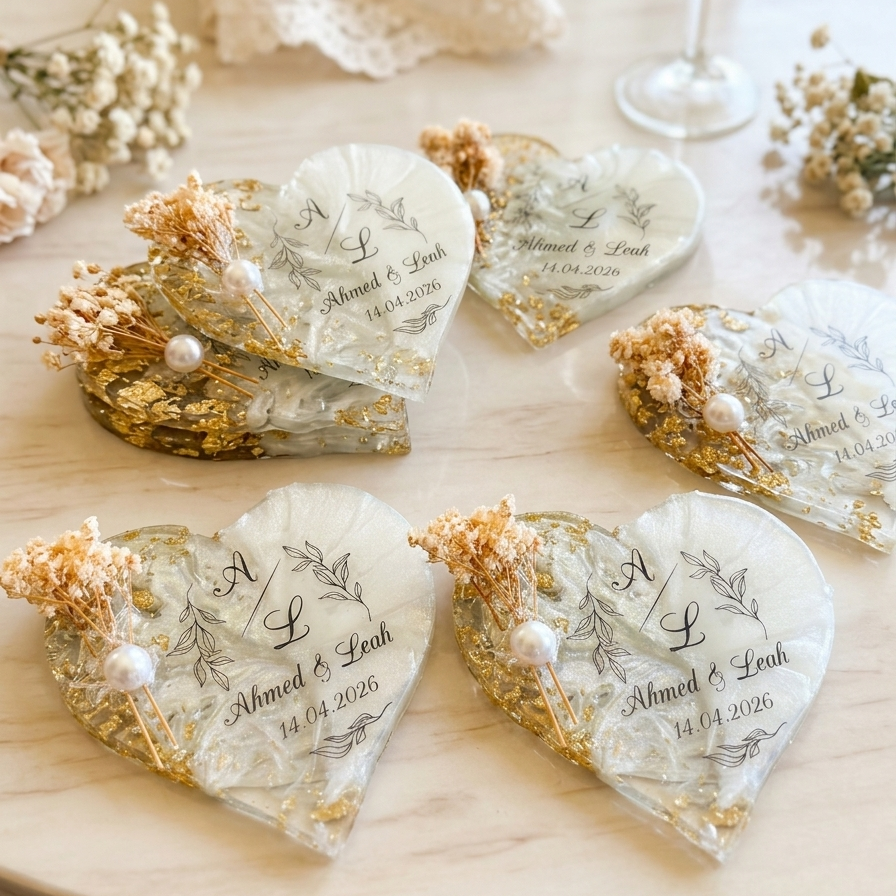 Custom Resin Gold Epoxy Magnet Wedding Favors Personalized Heart Round Floral Bridal Shower Engagement Party Guest Gifts