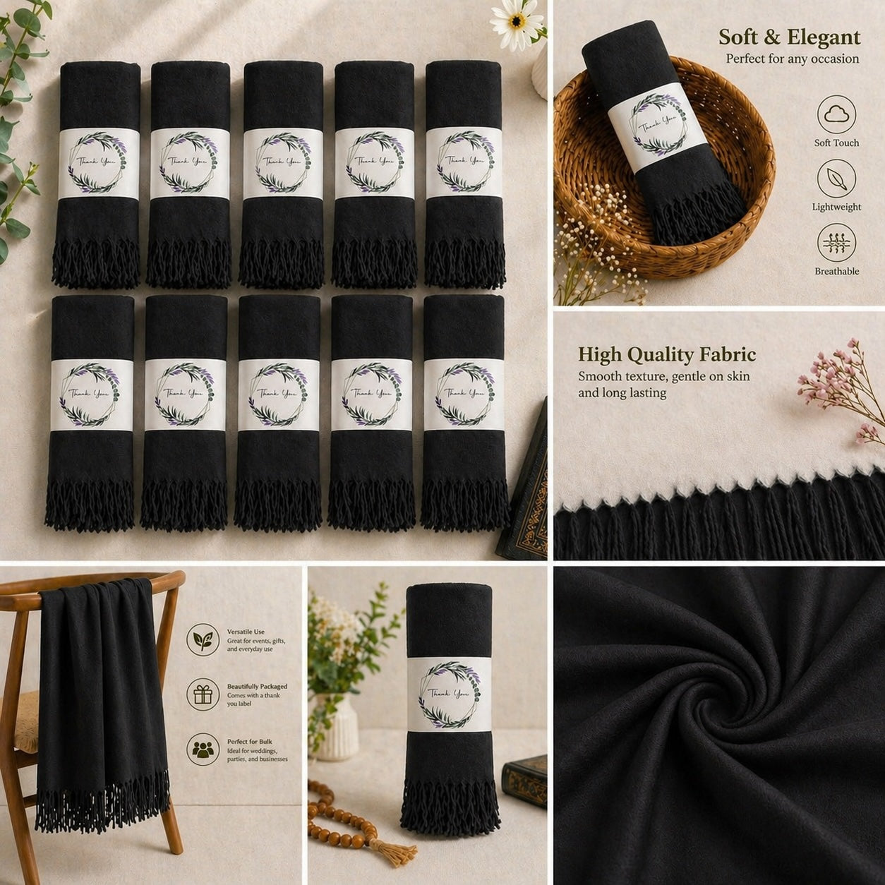 Set of 10 Pashmina Shawls and Wraps in Bulk – Soft Wedding Favors, Bridal Party & Guest Gifts with 'Thank You' Design