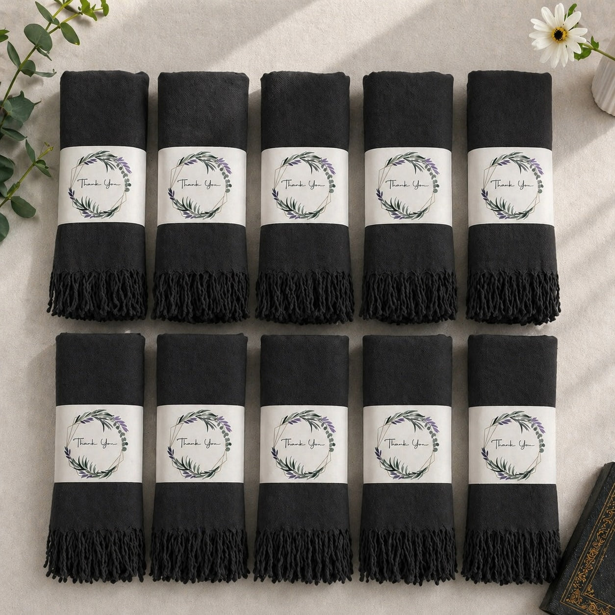 Set of 10 Pashmina Shawls and Wraps in Bulk – Soft Wedding Favors, Bridal Party & Guest Gifts with 'Thank You' Design