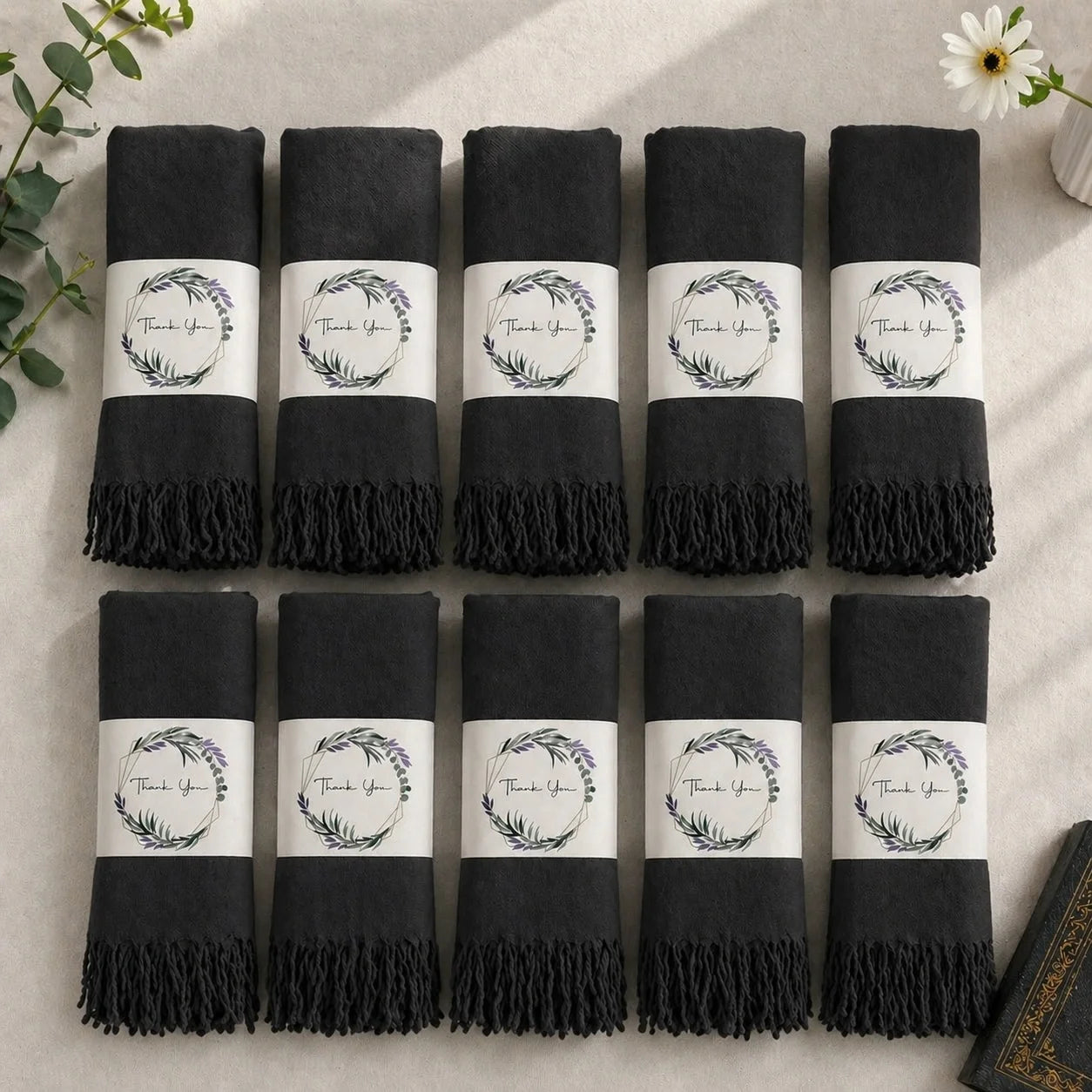 Set of 10 Pashmina Shawls and Wraps in Bulk – Soft Wedding Favors, Bridal Party & Guest Gifts with 'Thank You' Design