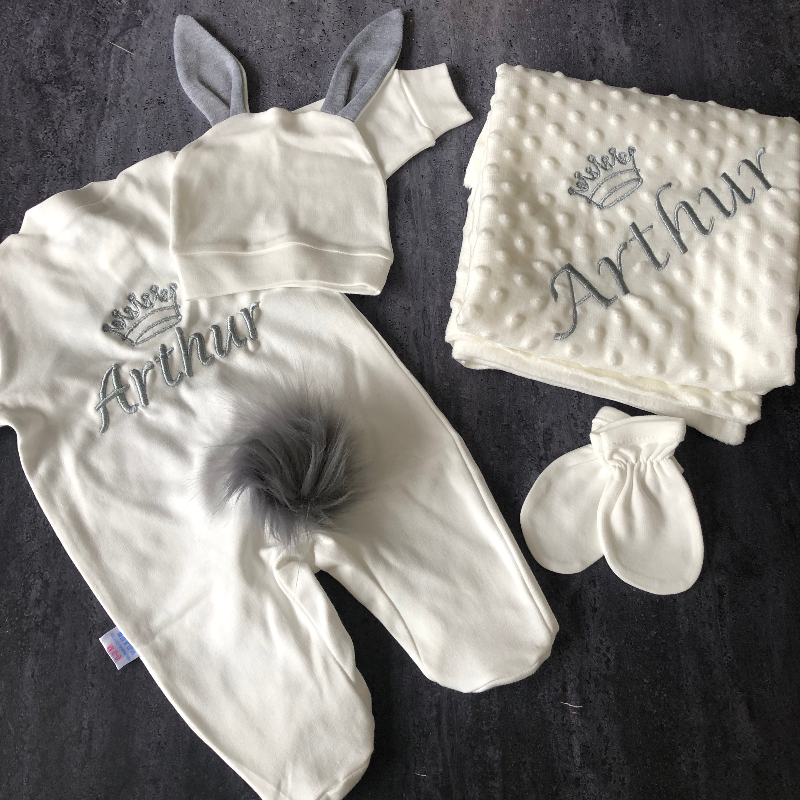 Embroidered Boy Baby Outfit and Blanket Set