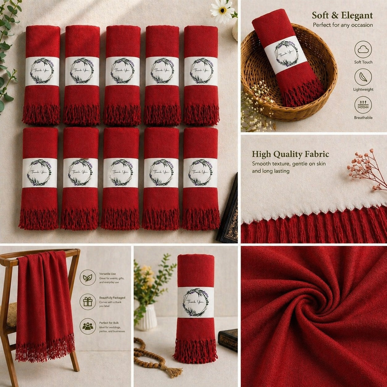 Set of 10 Pashmina Shawls and Wraps in Bulk – Soft Wedding Favors, Bridal Party & Guest Gifts with 'Thank You' Design