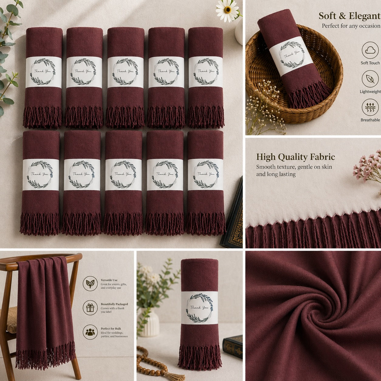 Set of 10 Pashmina Shawls and Wraps in Bulk – Soft Wedding Favors, Bridal Party & Guest Gifts with 'Thank You' Design