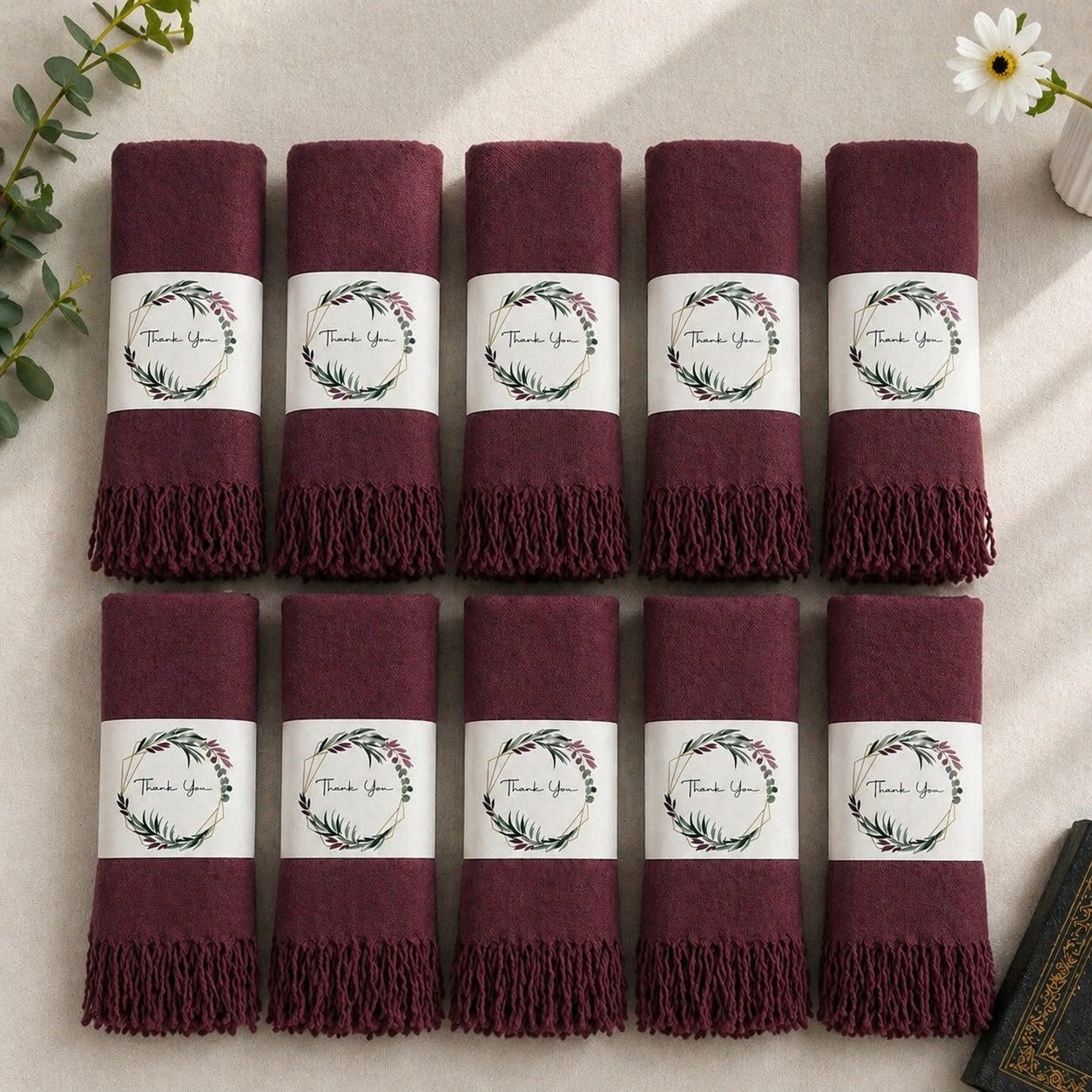 Set of 10 Pashmina Shawls and Wraps in Bulk – Soft Wedding Favors, Bridal Party & Guest Gifts with 'Thank You' Design