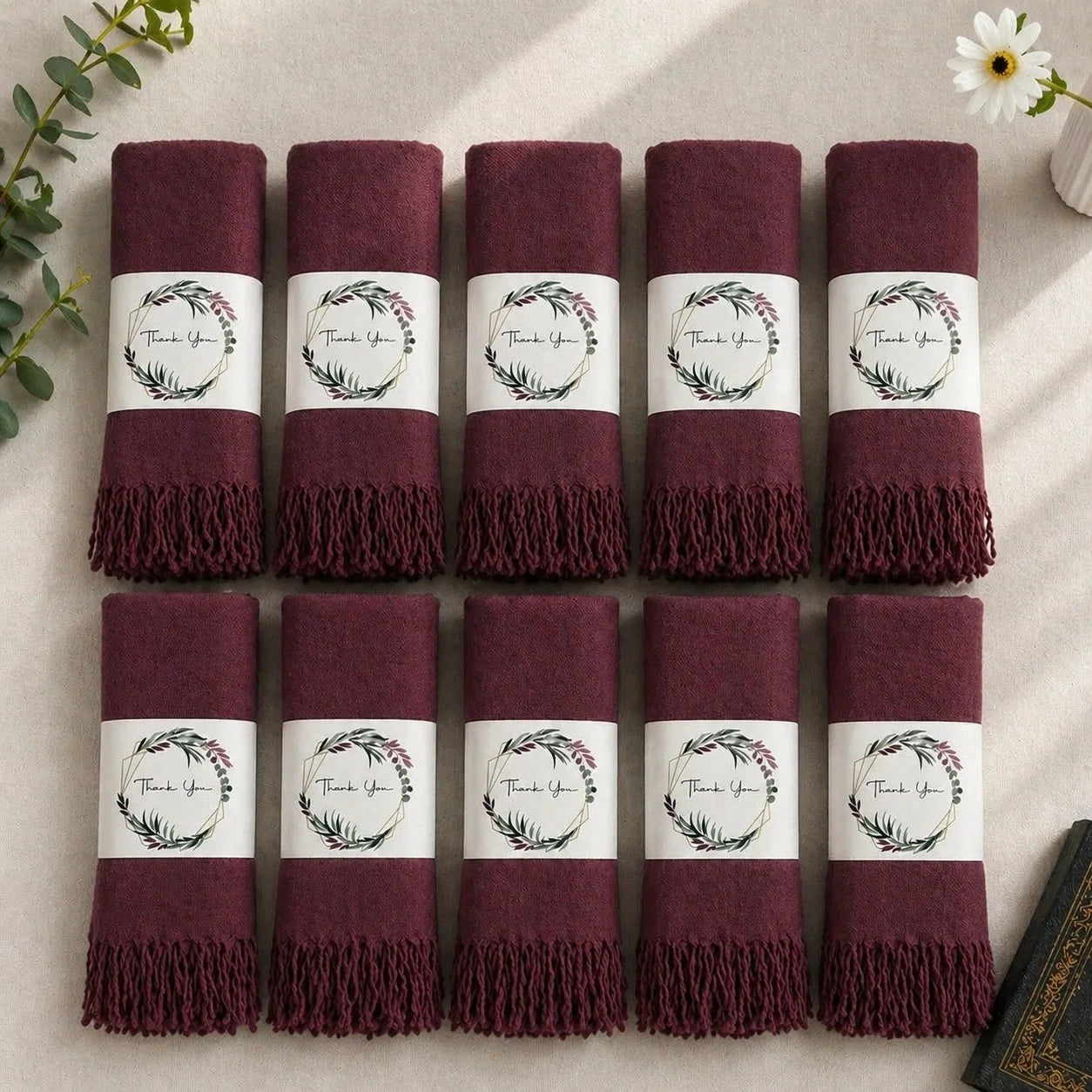 Set of 10 Pashmina Shawls and Wraps in Bulk – Soft Wedding Favors, Bridal Party & Guest Gifts with 'Thank You' Design