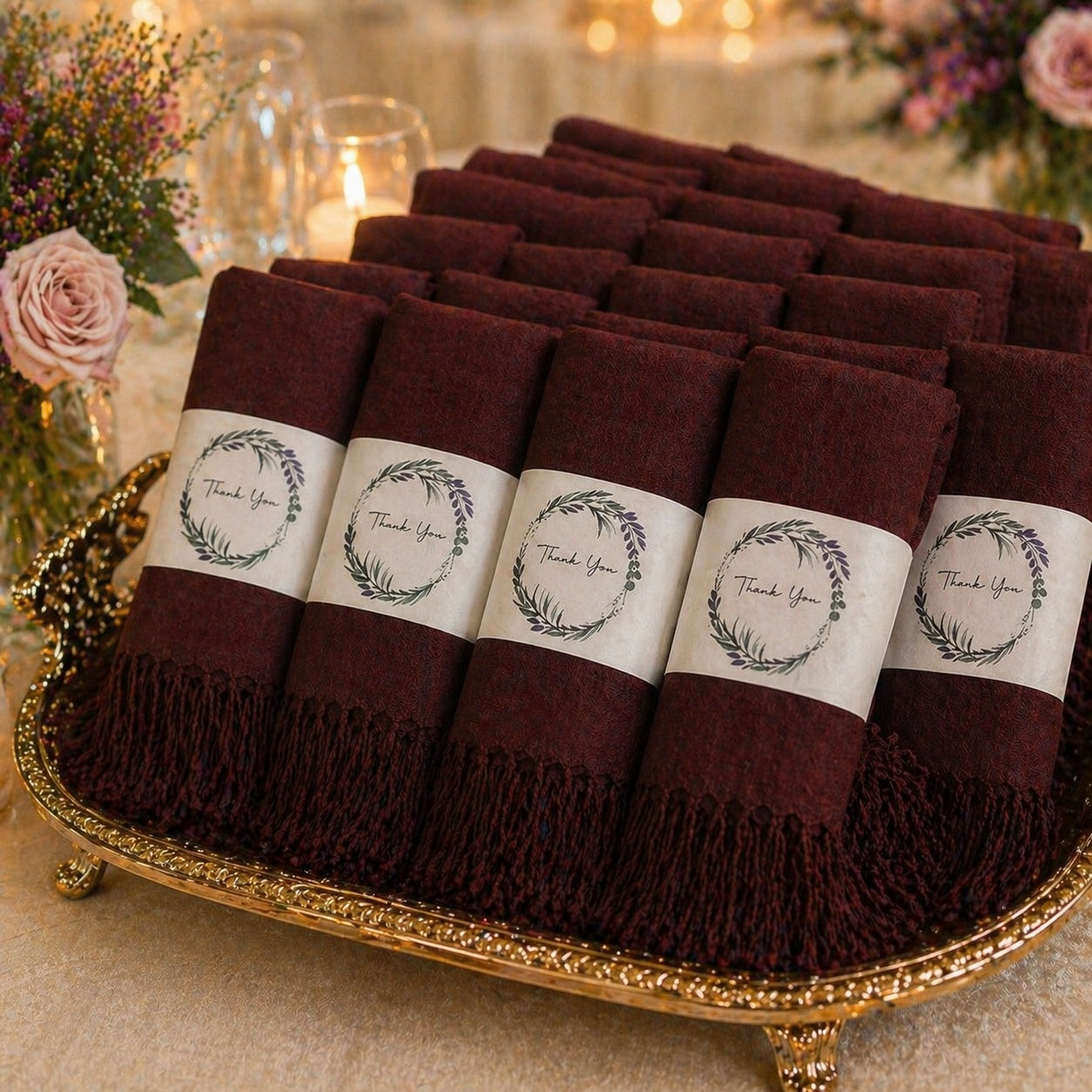 Set of 10 Pashmina Shawls and Wraps in Bulk – Soft Wedding Favors, Bridal Party & Guest Gifts with 'Thank You' Design