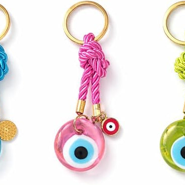EVIL EYE WITH CHARM KEYCHAIN,Colorful Braided Cord Design with Gold Ring