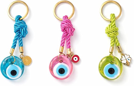 EVIL EYE WITH CHARM KEYCHAIN,Colorful Braided Cord Design with Gold Ring