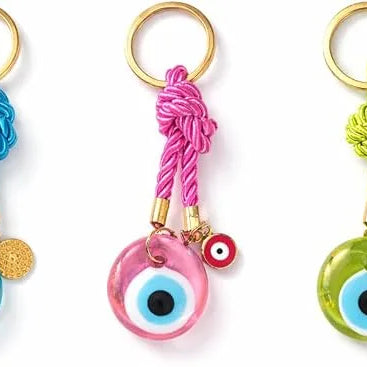 EVIL EYE WITH CHARM KEYCHAIN,Colorful Braided Cord Design with Gold Ring
