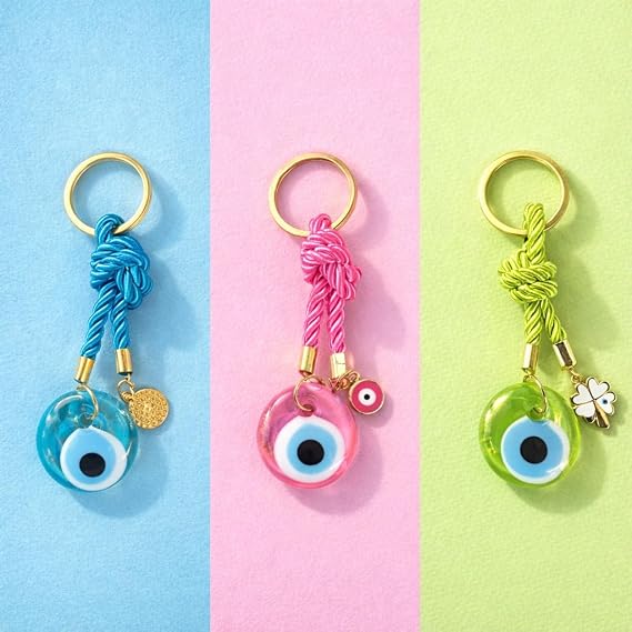 EVIL EYE WITH CHARM KEYCHAIN,Colorful Braided Cord Design with Gold Ring