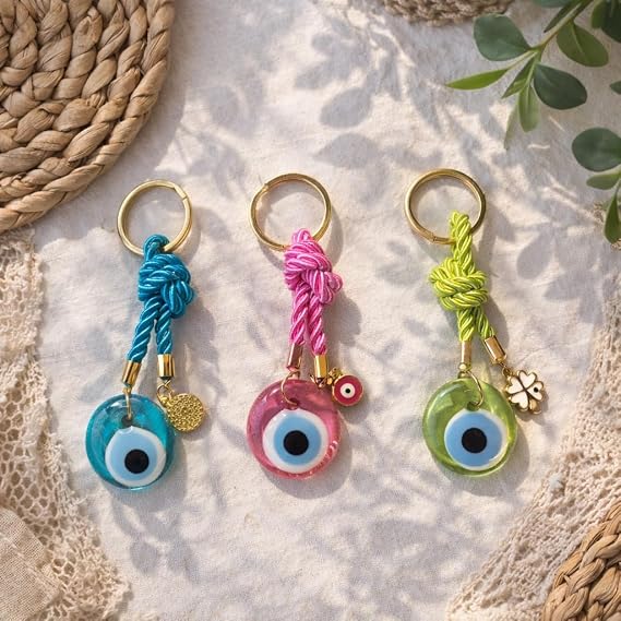 EVIL EYE WITH CHARM KEYCHAIN,Colorful Braided Cord Design with Gold Ring