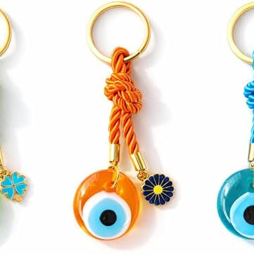 EVIL EYE WITH CHARM KEYCHAIN,Colorful Braided Cord Design with Gold Ring