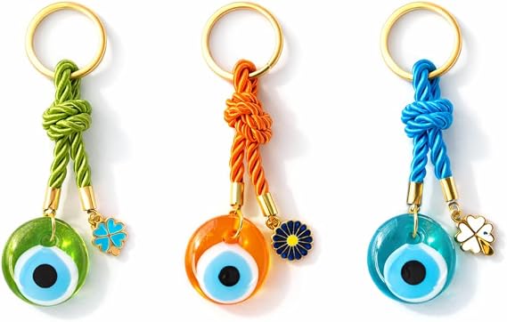 EVIL EYE WITH CHARM KEYCHAIN,Colorful Braided Cord Design with Gold Ring