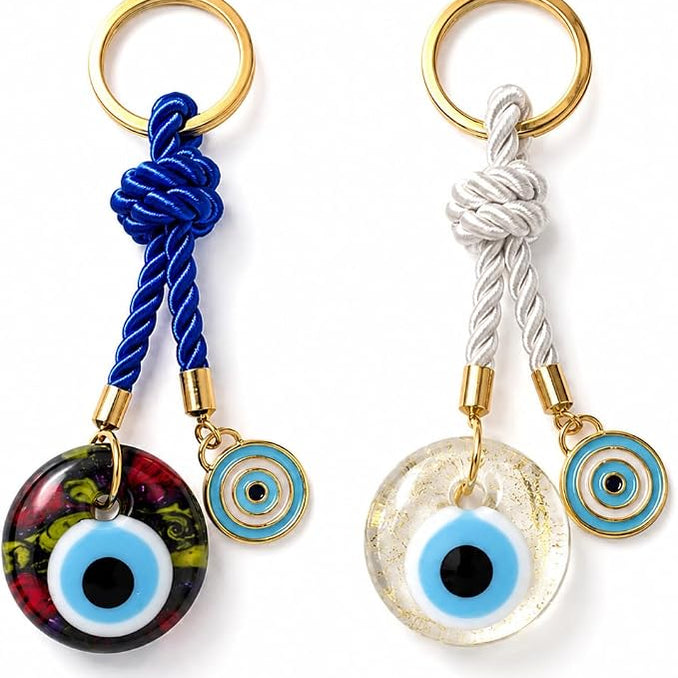 EVIL EYE WITH CHARM KEYCHAIN,Colorful Braided Cord Design with Gold Ring