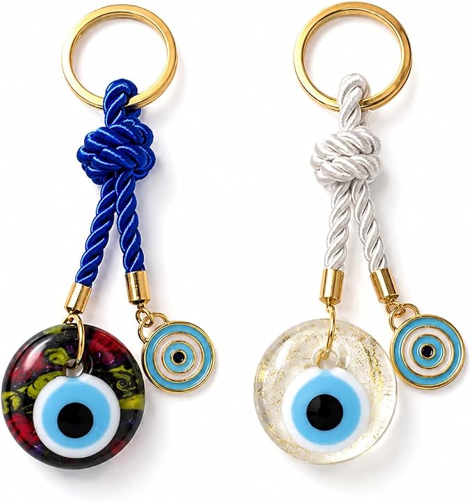EVIL EYE WITH CHARM KEYCHAIN,Colorful Braided Cord Design with Gold Ring