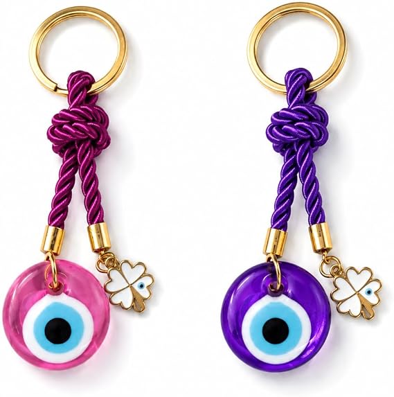 EVIL EYE WITH CHARM KEYCHAIN,Colorful Braided Cord Design with Gold Ring