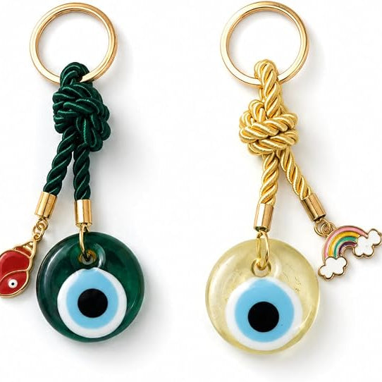 EVIL EYE WITH CHARM KEYCHAIN,Colorful Braided Cord Design with Gold Ring