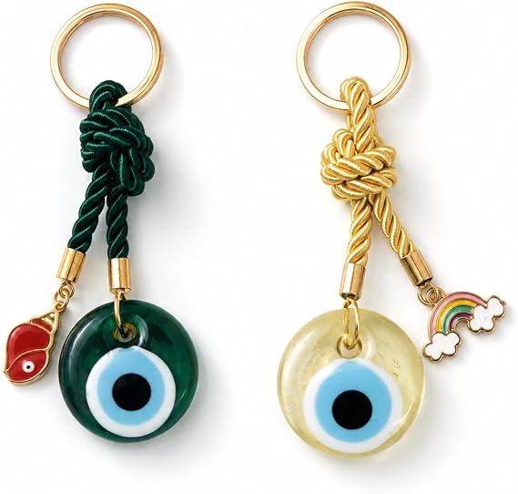 EVIL EYE WITH CHARM KEYCHAIN,Colorful Braided Cord Design with Gold Ring