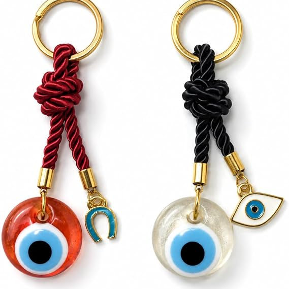 EVIL EYE WITH CHARM KEYCHAIN,Colorful Braided Cord Design with Gold Ring