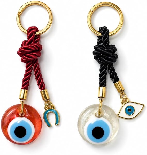 EVIL EYE WITH CHARM KEYCHAIN,Colorful Braided Cord Design with Gold Ring